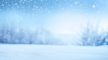Fototapeta premium A Winter scene captured at eye level, featuring a wide shot of a snow-covered landscape with delicate snowflakes falling gently, ideal for winter-themed backgrounds.