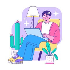 Relaxed young man enjoying a serene evening, working on his laptop amidst a cozy ambiance, surrounded by starry decor and indoor plants. Flat vector illustration.