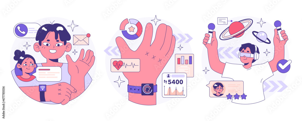 Aufkleber wearable technology set. smart device. character using electronic device to monitor, analyze and tra