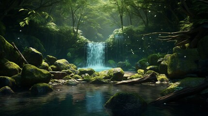 A detailed image of a small, secluded waterfall hidden in a dense forest, creating a private oasis of peace and natural beauty.