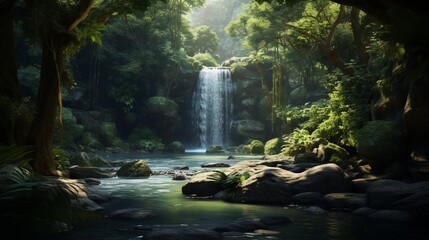 A detailed image of a small, secluded waterfall hidden in a dense forest, creating a private oasis of peace and natural beauty.