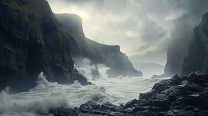 A dramatic view of towering sea cliffs battered by powerful ocean waves, with sea spray and the roar of the water dominating the scene.