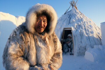 Eskimo in fur coat near the entrance of an igloo  - obrazy, fototapety, plakaty