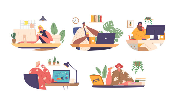 Office Workers Absorbed In Work, Nibbles On Sandwiches, Fast Food and Drinks At Their Cluttered Desk, Juggling Tasks