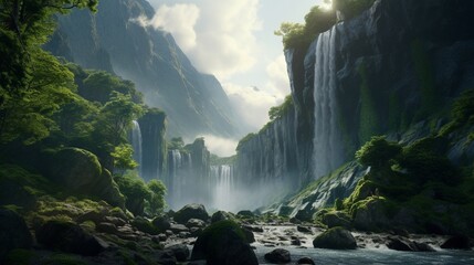 A high-definition image capturing the majestic beauty of a towering waterfall cascading down a rugged cliff, surrounded by lush greenery.