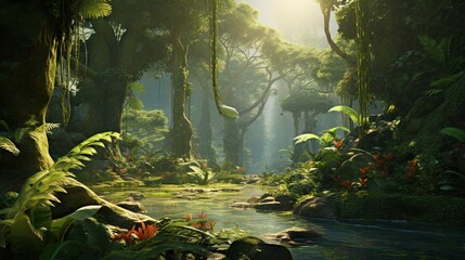 A high-definition image of a dense rainforest, rich with biodiversity, showcasing the lush greenery and vibrant flora under a bright midday sun.
