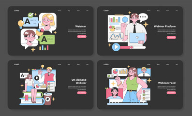 Webinar collection set. Enthusiastic professionals engaging in online presentations, discussions, and on-demand content creation. Dynamic learning and collaboration. Flat vector illustration.