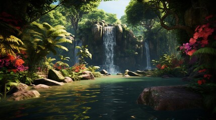 A lush rainforest scene, featuring a waterfall cascading into a crystal-clear pool, surrounded by vibrant green foliage and exotic flowers.