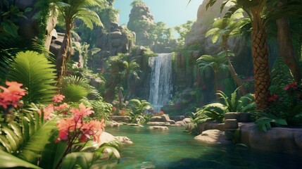 A lush, tropical garden landscape with towering palm trees, vibrant flowering plants, and a small, cascading waterfall creating a natural oasis.