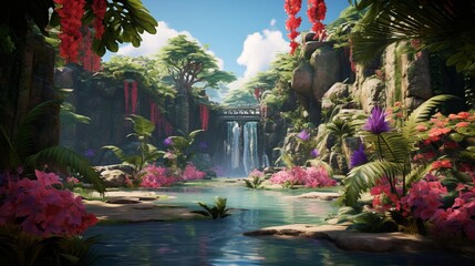 A lush, tropical garden landscape with towering palm trees, vibrant flowering plants, and a small, cascading waterfall creating a natural oasis.