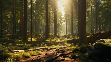 A panoramic daytime view of a vast forest with towering old-growth trees, the sun casting long shadows and highlighting the diverse undergrowth.