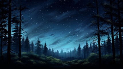 A nighttime forest scene under a star-filled sky, the outlines of trees silhouetted against the...