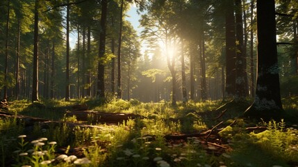 A panoramic daytime view of a vast forest with towering old-growth trees, the sun casting long shadows and highlighting the diverse undergrowth.