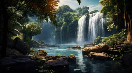 A panoramic view of a cascading waterfall in a tropical rainforest, the surrounding foliage vibrant and lush, accentuating the water's purity.