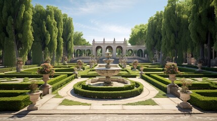 A panoramic view of a formal garden with symmetrically arranged flower beds, ornate fountains, and elegant marble statues amidst lush greenery.