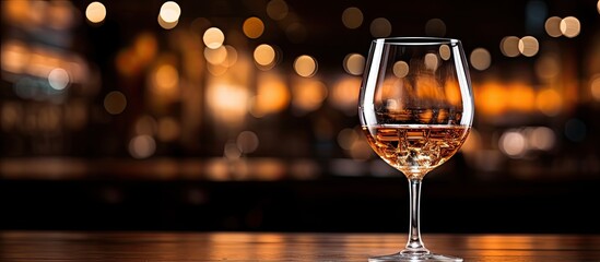 The background of the restaurant was isolated with white walls and dimly lit A glass of wine sat on the bar a refreshing drink to enjoy after a long day The alcohol filled beverage sparkled - obrazy, fototapety, plakaty