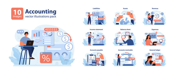 Accounting set. Professionals navigating finance realms. Liabilities, assets, and revenue insights. Balance sheet, expenses, and general ledger explorations. Flat vector illustration.