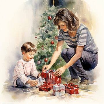 mother and child decorating christmas tree