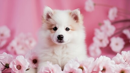 Fototapeta na wymiar beautiful cute dog on a pink background with flowers