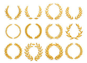  a set of  vintage gold  laurel leaf wreaths on white background
