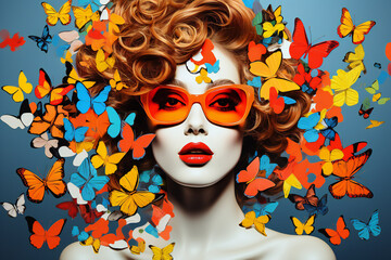 Unreal portrait of a female model with colorful butterflies in her hair,ai generated
