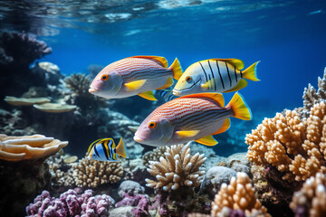Naklejka na ściany i meble Group of colorful fish and sea animals in the ocean,ai generated