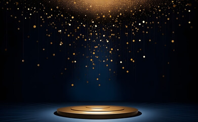 blue stage background with golden beams shining  on podium