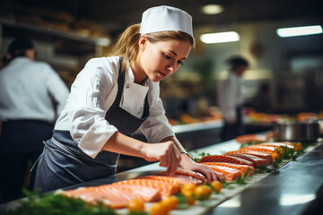 Female chef preparing salmon fillets in the kitchen,ai generated