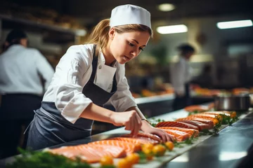 Fotobehang Female chef preparing salmon fillets in the kitchen,ai generated © Veronica
