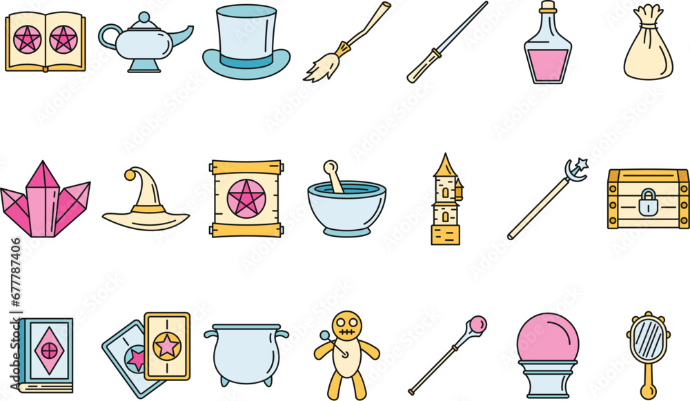 Poster magic wizard tools icons set. outline set of magic wizard tools vector icons thin line color flat on