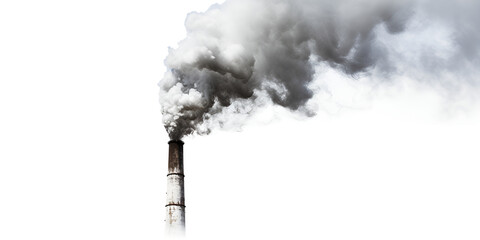 Old factory pipe of boiler coal station with puff black Dirty smoke on the white background  smoke on blue sky background show ecology disaster and strong environmental pollution. AI Generative - obrazy, fototapety, plakaty