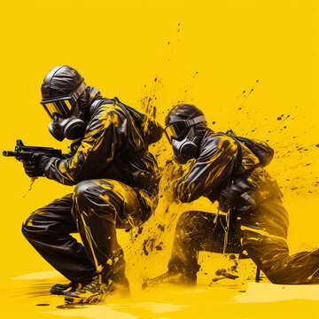 Paintball players on a yellow background.