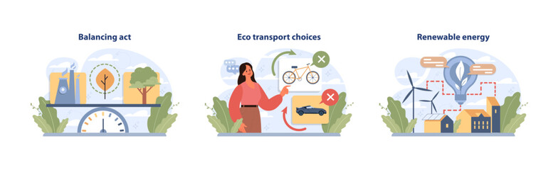 Environmental set. Nature preservation efforts. Weighing industrial impact, woman promoting eco-friendly transport, green energy alternatives light up homes. Flat vector illustration