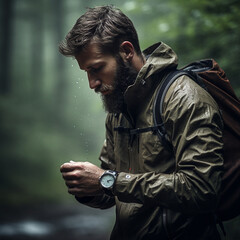 Obraz premium Sportsman in the forest with a smartwatch.