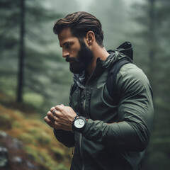 Sportsman in the forest with a smartwatch.