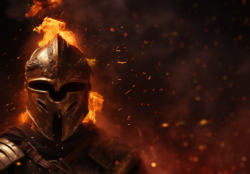 Forge of Fury - Burning Helmet - Fantasy knight helmet in flames - embers - smoke - wind - Copy space for text