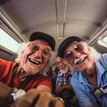 Selfie of senior friends on the plane. 