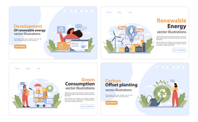 Obraz na płótnie Canvas Sustainability set. Progress in green energy, eco-conscious shopping. Modern solutions for renewable power. Carbon-neutral practices. Conscious consumerism. Flat vector illustration