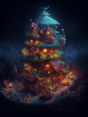 christmas town by night before christmas, toy Factory XMASS, dwarf Land, enchanted christmas, ai generated 