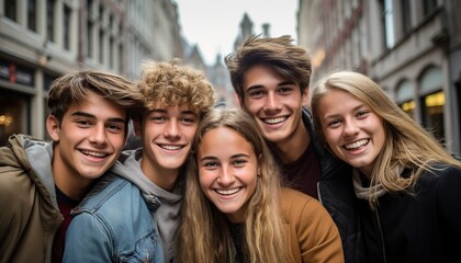 Retrato de sonrientes jovenes de 20 años. Amigos paseando juntos por calles europeas. - obrazy, fototapety, plakaty