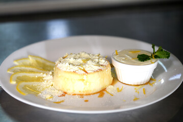 sweet dessert condensed milk with chocolate and fruits ganache pudding