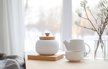 White Teapot and white cup on wooden table in living room in scandinavian style. Morning breakfast and window with winter view - obrazy, fototapety, plakaty