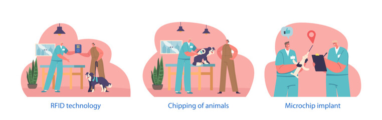 Isolated Vector Elements With Vet Doctor Characters Carefully Inserts A Tiny Microchip Implant Into The Animal Skin