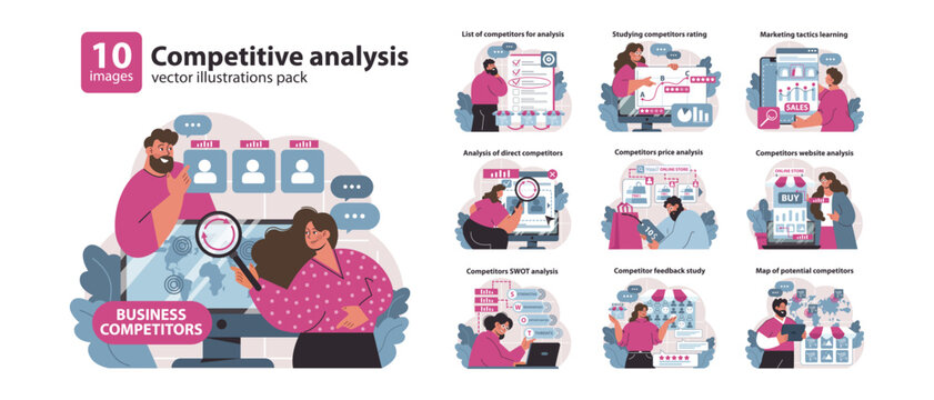 Competitive analysis set. Diverse business strategies and market research tactics. Strategic planning, market positioning, and customer insights discovery. Flat vector illustration.
