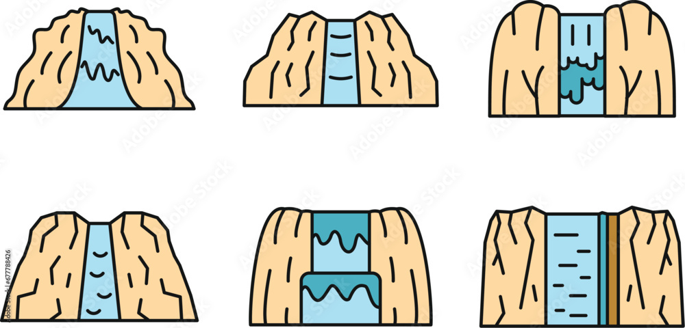Poster waterfall icons set. outline set of waterfall vector icons thin line color flat on white