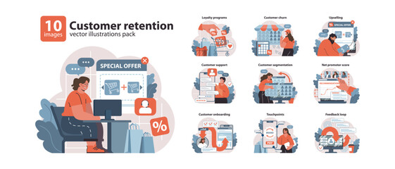 Customer retention set. Strategies boosting client loyalty, from onboarding to feedback. Loyalty programs, upselling, and churn management. Flat vector illustration.