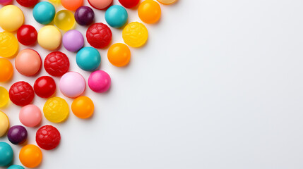 Obraz premium Banner with colorful jelly candies on isolated white background. Copy space. Generative AI