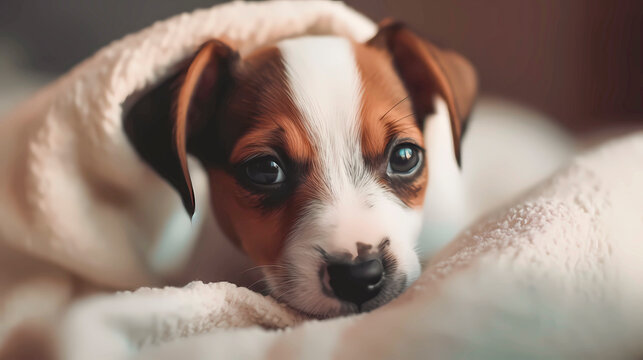 A cute puppy sits on a bed under a soft blanket.
