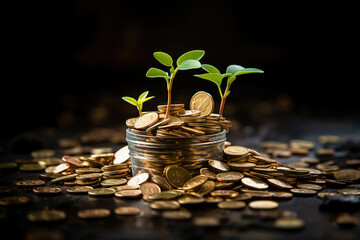 A visual metaphor of investment and financial growth with coins stacked and a plant sprouting from the top.