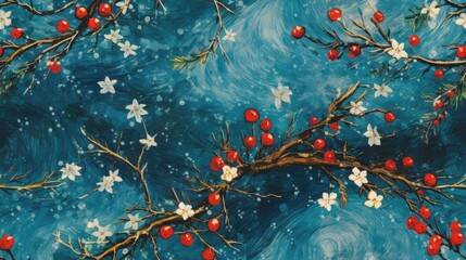  a painting of a branch with red berries and white flowers on a blue background with snowflakes and stars.